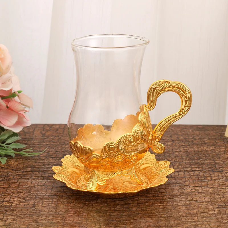 

Metal Zinc Alloy Glass Cup Table Top Decoration Tea Cup Saucer Set Coffee Cup Milk Tea Cup Household Drinking Tableware