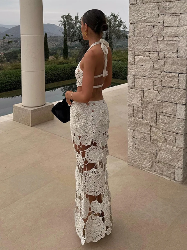 Женское трикотажное пляжное платье макси длинное ажурное с цветочным принтом и