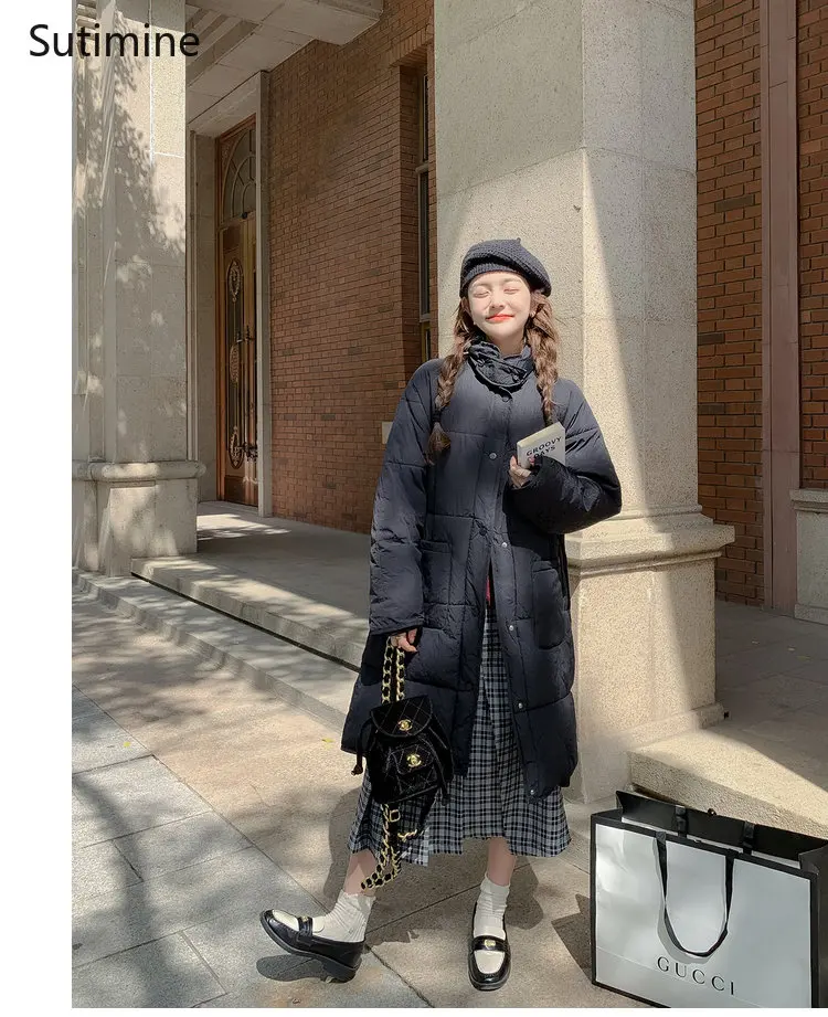 Winter Coat Women Loose Oversize Long Down Jacket Office Lady Button Winter Clothes Women Single Breasted Pockets  Coat