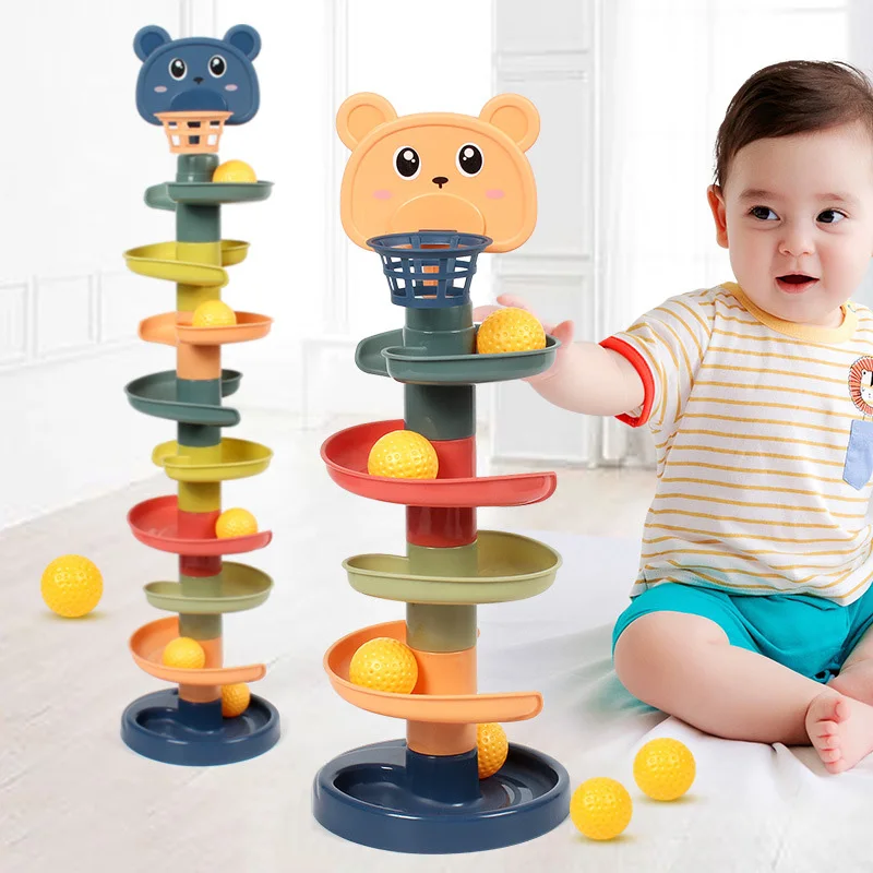 Rolling Ball Pile Tower Early Educational Toy Rotating Rolling Ball Pile Tower Baby Toys Montessori Spin Track Stacking Toy Gift