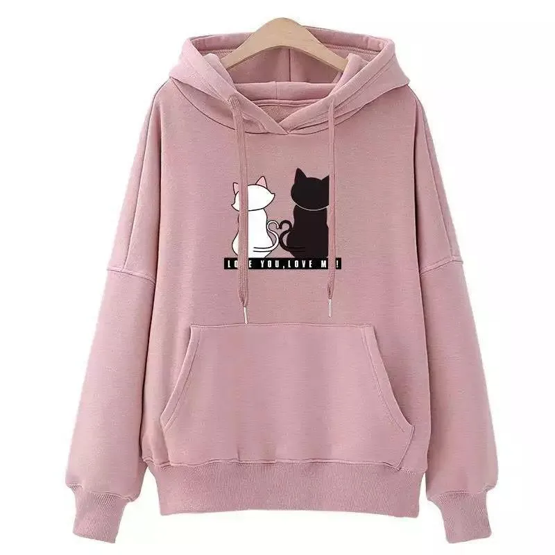 

S-3XL Kawaii Hoodies Women Sweatshirt Autumn Spring Long Sleeve Harajuku Cat Print Sweatshirts Casual Pullover sudadera mujer