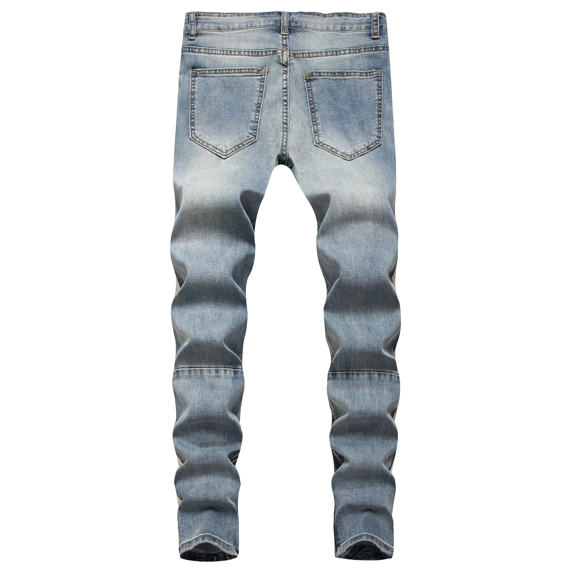 New Mens Jeans Denim Vintage White Stripe Side Knee Holes Slim Side Zipper Pencil Pants Streetwear Men Denim Jeans