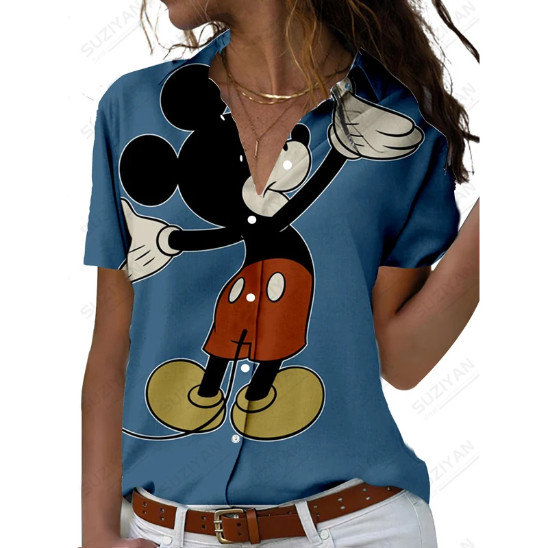 

Женская свободная рубашка с коротким рукавом, голубая Повседневная рубашка с принтом Микки Диснея, дизайнерская Повседневная рубашка с вор...