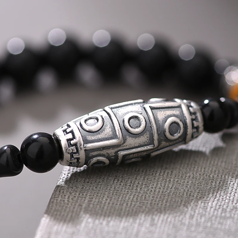 Браслет из чистого серебра ZABRA 999 пробы с обсидиановыми бусинами для мужчин и