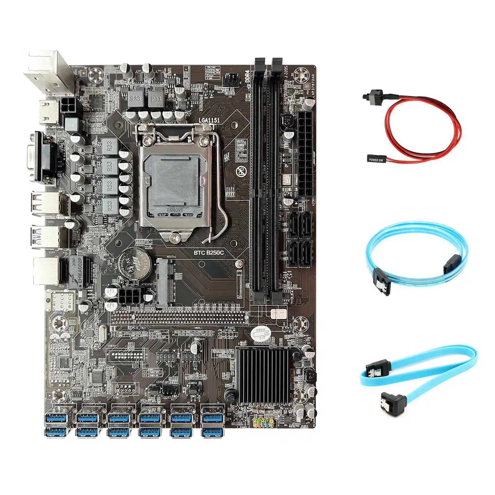 

B250C ETH Miner Motherboard+SATA3.0 Serial Port Cable+SATA Cable+Switch Cable 12 PCIE to USB3.0 GPU Slot LGA1151 for BTC