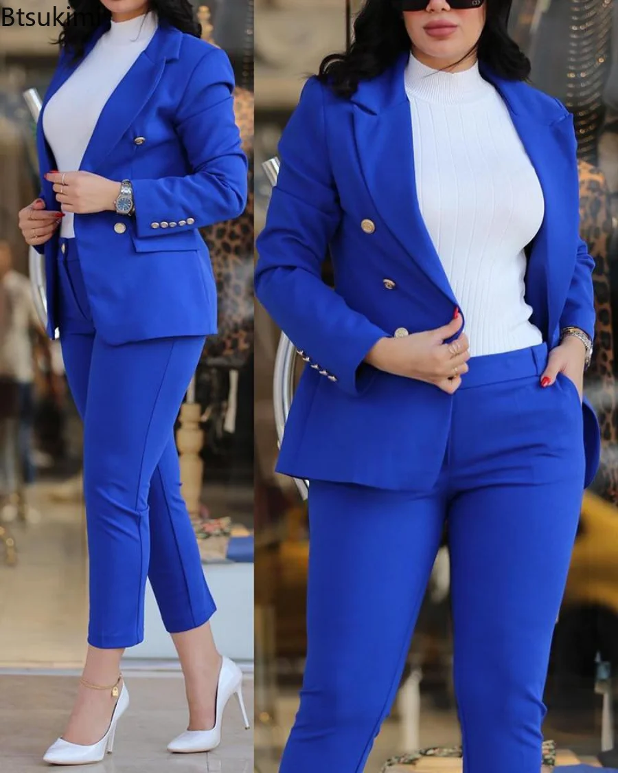2023 Women's Two Pieces Pant Sets Formal Business Double Breasted Blazers Jacket and Pants 2 Piece Set Elegant Ladies Pant Suits