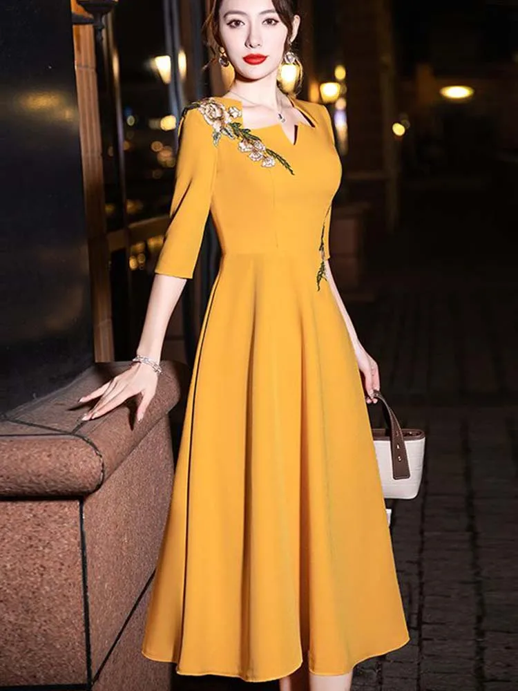 

Solid Dresses Elegant Embroidery Vintage Reunion Women's Clothing Graphic Square Collar Spring Summer Thin Knee Skirts Skinny