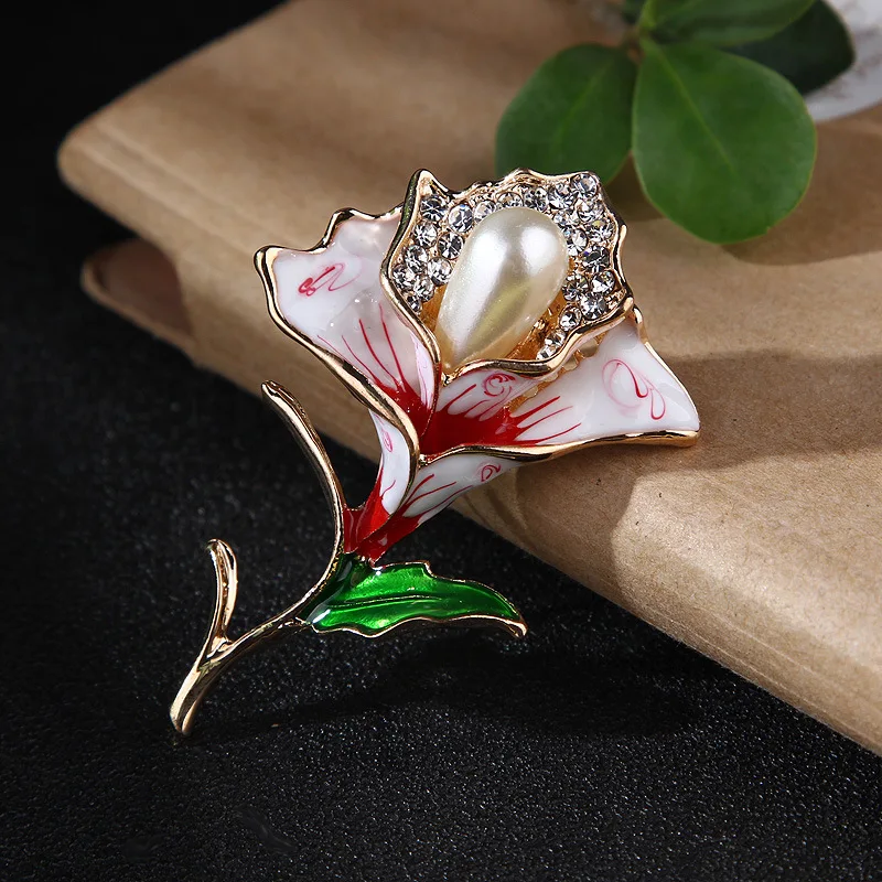 

Vintage Enamel Drop Glaze Pearl Rose Flower Brooches for Women Literary Temperament Coat Accessories Corsage Pins