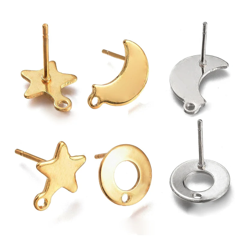 

10pcs Gold Color Stainless Steel Moon Star Ear Studs for Earrings Jewelry Making DIY Hole Dangle Charm Earrings Base Accessories