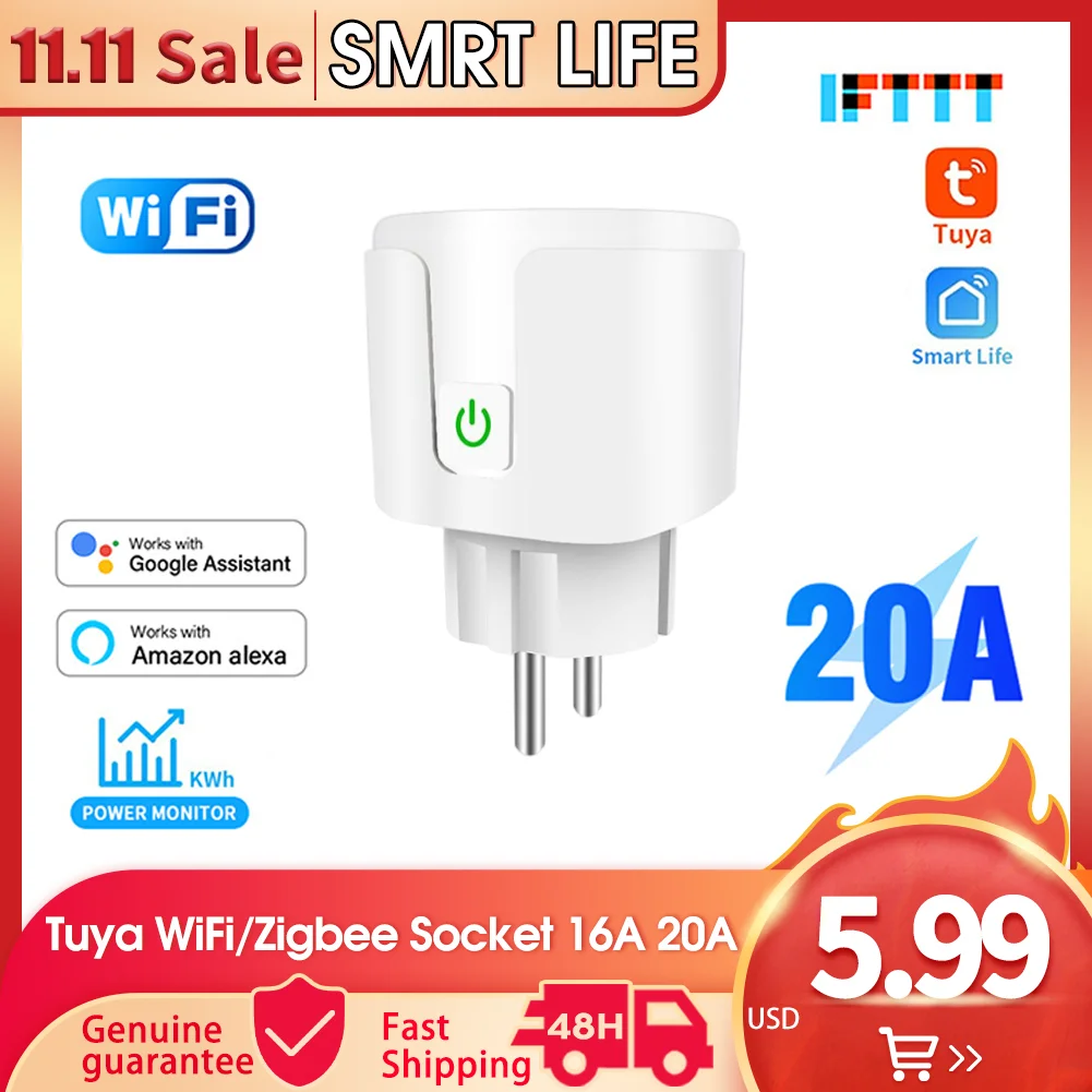 

Tuya Smart Plug WiFi Zigbee Socket EU 16A 20A Smart Socket Power Monitor Timing Function Control Works With Alexa Google Alice