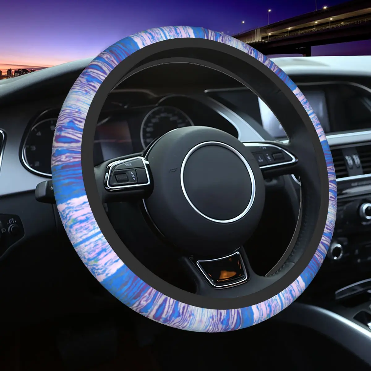 

Modern Faux Bois Wood Grain Pattern In Blue Steering Wheel Cover Steering Wheel Protector Universal 37-38cm Car Accessories