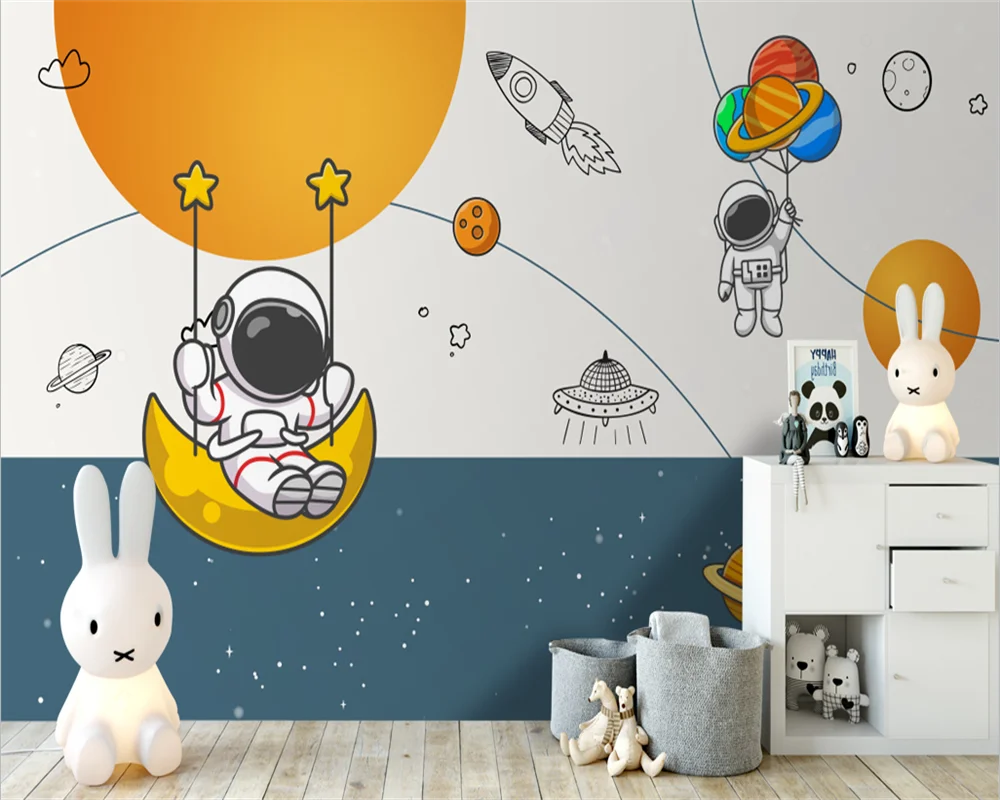 

beibehang Custom new modern hand-painted cartoon astronaut spaceship children's room background wallpaper papier peint