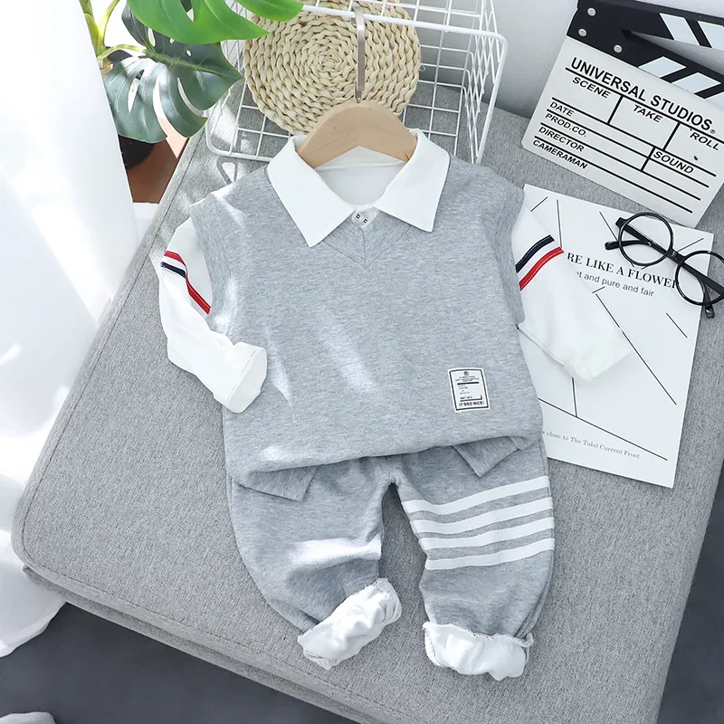 

Grey Boys Clothes Spring Children's Cotton Vest+Long Sleeve White Shirt+Pants 3pcs Suit 1-5 Years Kids Baby Clothing Sets A7