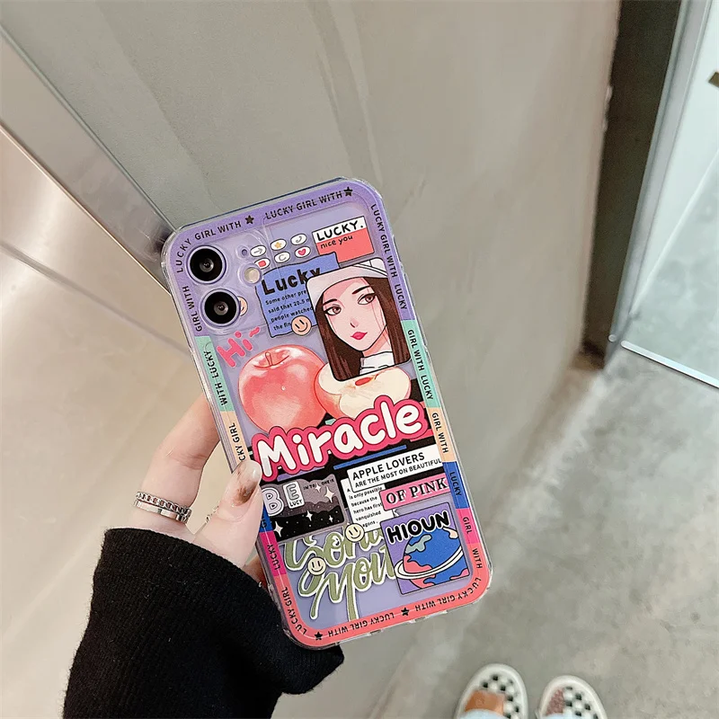 

For iphone 11 12 13 Pro Max XR X Xs 6 7 8 Plus Phone Case Transparent Fashion Poster Label Girl Expression Letter Graffiti Cover