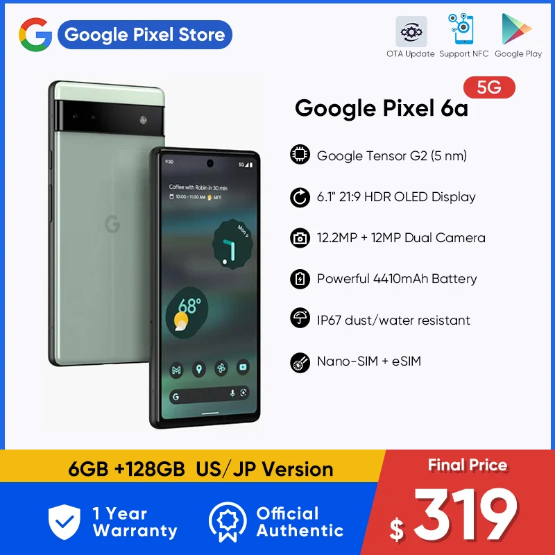  Google Pixel 6A 5G Smartphone 6RAM 128GB ROM 6.1"OLED Display Sellphone NFC US/Japan Version Full Screen Android MobilePhone 