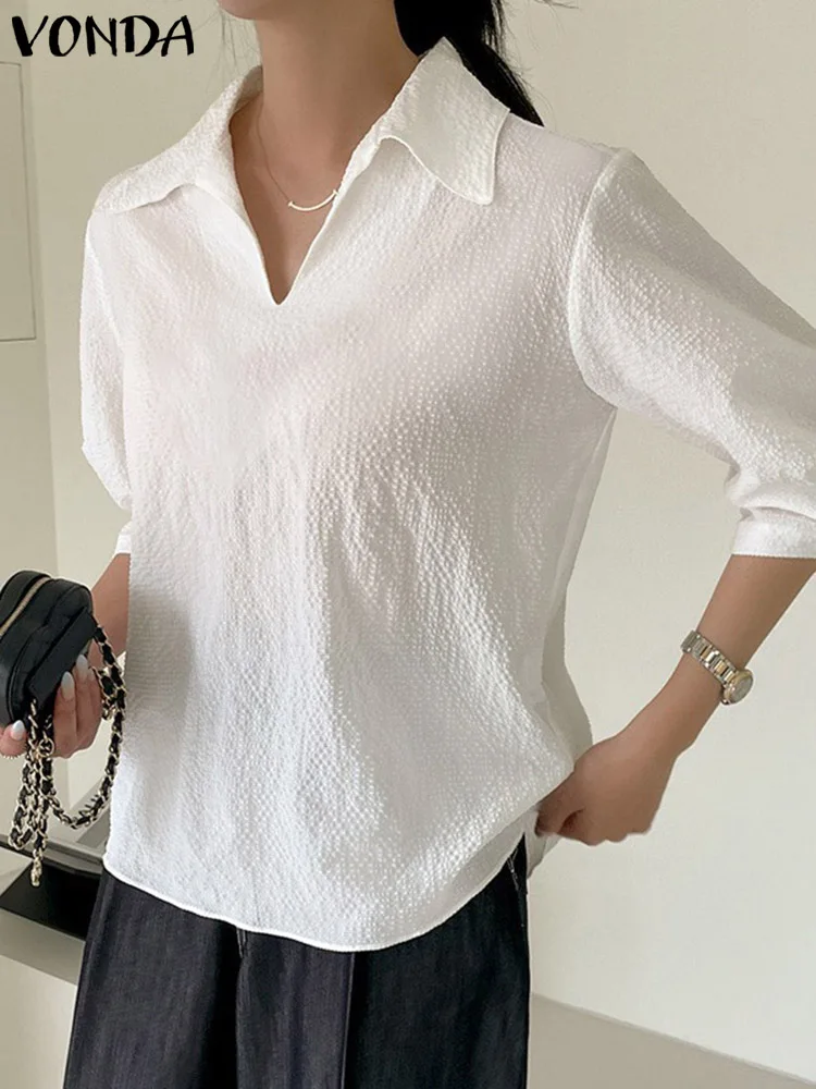 

Women Lapel Collar Blouse VONDA Vintage 3/4 Sleeve Solid Color Shitrs Female Casual Autumn Tops Femininas Blouse Oversized Baggy