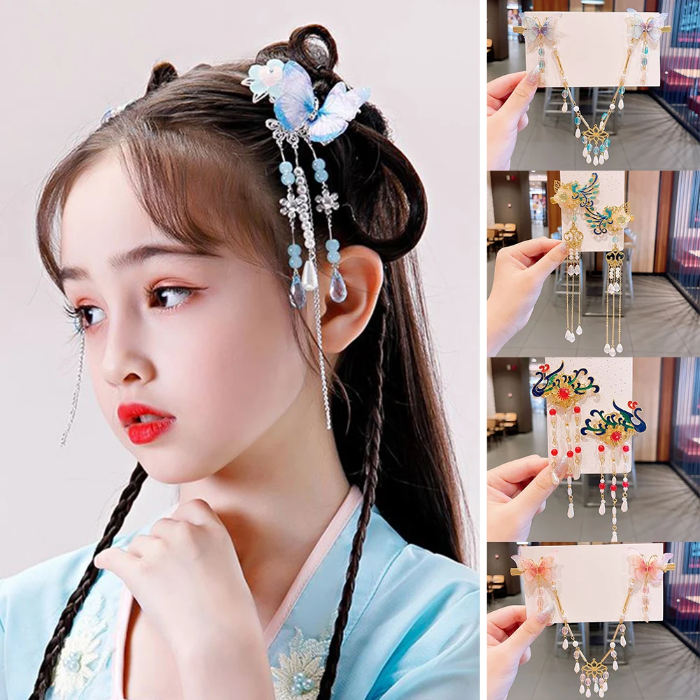 

Chinese Style Children Flower Hairpin Girl Long Chain Hair Clips Retro Butterfly Accessories Tassel Forehead Barrettes Headdress