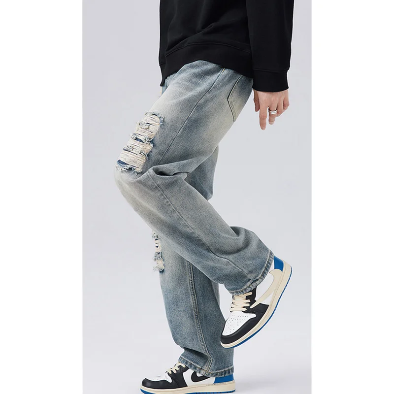 Streetwear Men 2022 New Style Pattern Vintage Recreational Ripped  Jeans Loose Straight Cylinder Broad Leg Trousers Autumn Women