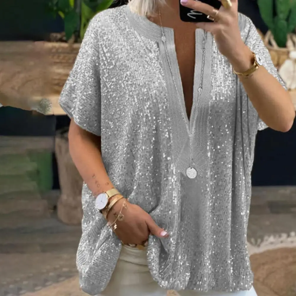 

Sexy Summer Blouse V Neck Female Women Short Sleeve Oversize Blouse 2 Colors T-shirt for Outdoor