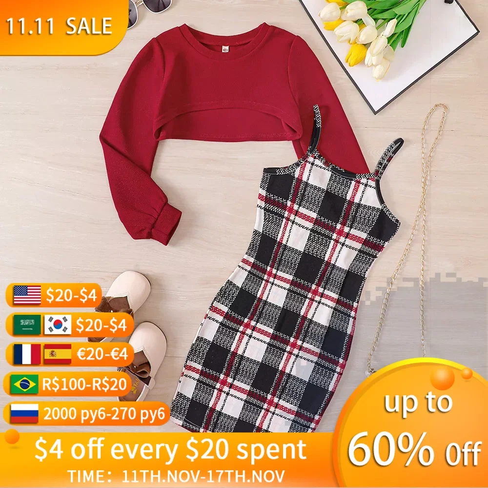 

Girls Autumn Clothes Sets Short Long Sleeved Top & Plaid Wrap Hip Dresses Set Junior Kids Fashion 2Pcs Outfits