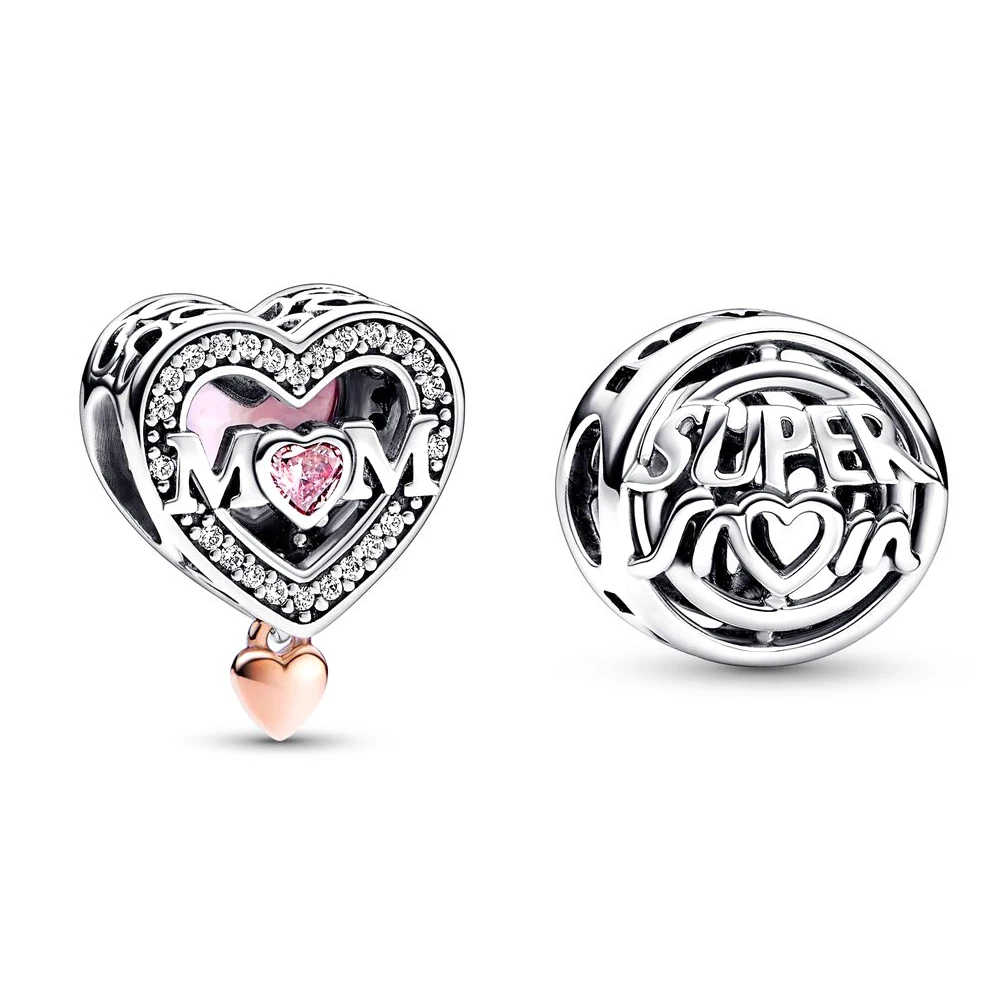 

925 Sterling Silver Two-tone Openwork Mum Heart Charms fit Pandora Original Bracelet Necklace Making Jewelry for Women Gift