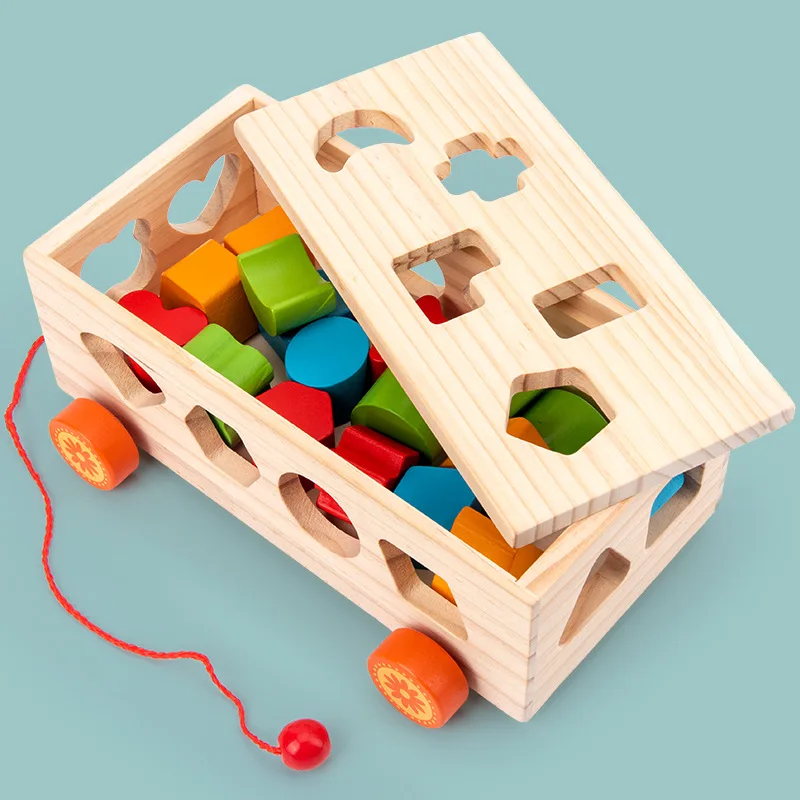 

Wooden 17-hole Intelligence Trailer Geometric Figure Matching Intelligence Box Fruit Qiaoqin Puzzle Building Block Trailer
