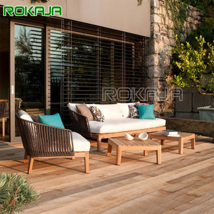 

Waterproof Teak Wood Garden Sofa With Rope Weaving Accepted Customized Hotel Villa Outdoor Sofa Furniture Sets
