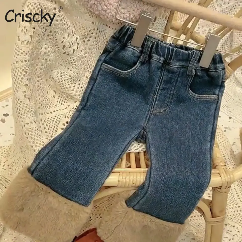 

Criscky 2022 New Autumn Winter Girls Fashion Jean Pants Warm Children Pants Thicken Kids Trousers Baby Girl Pants