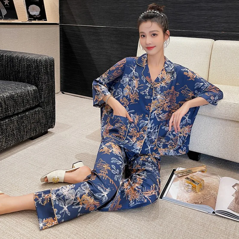 Pajamas Women's Summer New Ice Silk Short Sleeve Polo Collar Print Three Piece Set Fashion Large Homewear