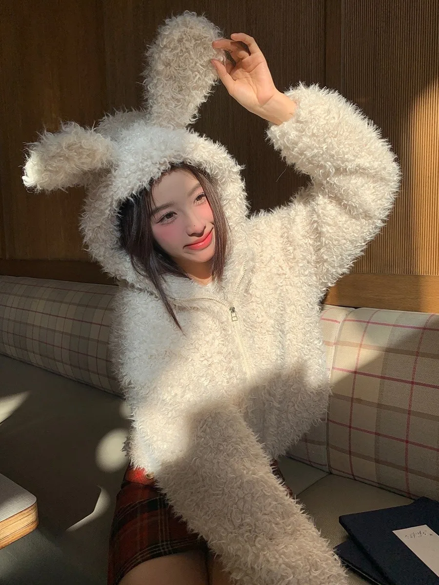 Xinhelp домашняя молодежная меховая верхняя одежда с капюшоном и кроликом для