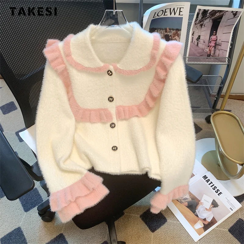 

2023 Autumn Winter Casual Peter Pan Collar Knitting Long Sleeve Cardigans Women Sweet Patchwork Single Breasted Loose Sweater