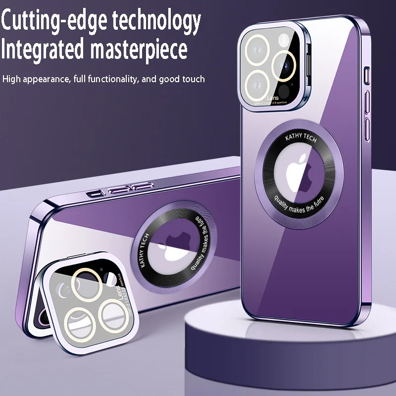 

Metal Camera Lens Holder Invisible Stand Magnetic Case For iPhone 14 12 13 Pro Max Plus For MagSafe Plating Clear Hard PC Cover