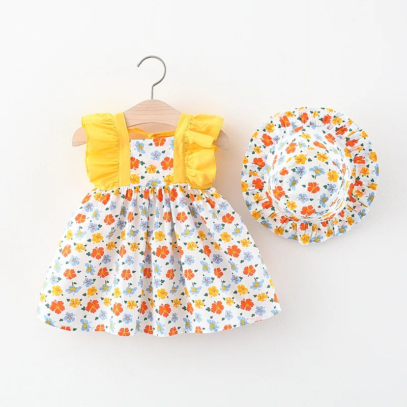 

2022 Summer Beach Baby Girls Ruffles Sleeveless Sundress Floral Print Infant Kids Princess Pleated Holiday Dress + Hat Vestidos