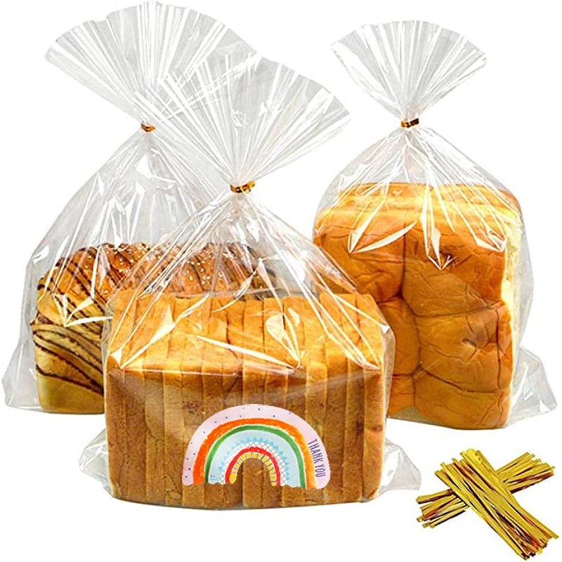 

Прозрачный пластиковый пакет, 50/100 комплектов, пакеты для упаковки хлеба, конфет, леденцов, целлофановые пакеты для леденцов с радужными наклейками
