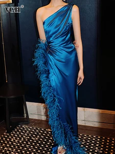 VGH Spliced Feathers Solid Elegant Dresses For Women Diagonal Collar One Shoulder Sleeve High Waist Folds Mermaid Dress Female