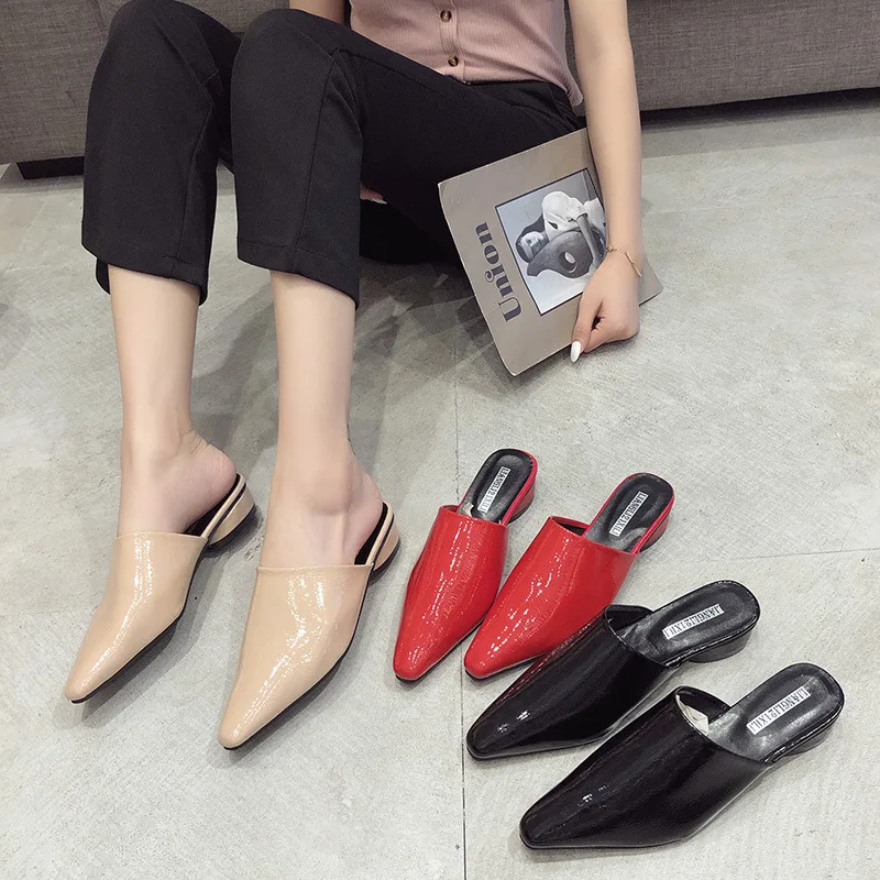 

Shoes Mules For Women 2022 Loafers Slippers Casual Pointed Toe Pantofle Slides Low Luxury New Cover Soft PU Rome Square heel Pat