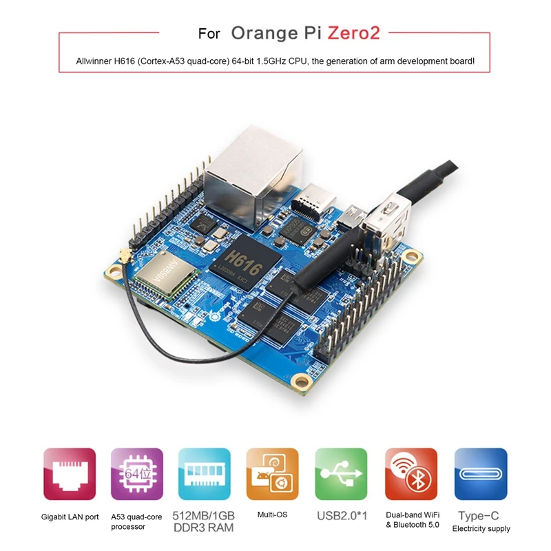 

For Orange Pi Zero2 Allwinner H616 64-Bit Cortex-A53 1GB DDR3 BT5.0 Wifi Set-Top Box Development Board+Expansion Board