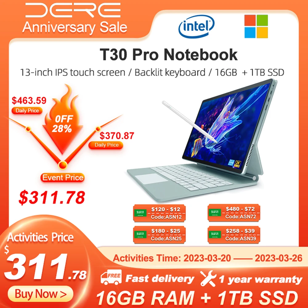 DERE Laptops T30 Pro ,13-inch 2K IPS Touch Screen,16GB RAM+ 1TB SSD,Office Learning Computer,Ultrabook Windows 11 Notebook