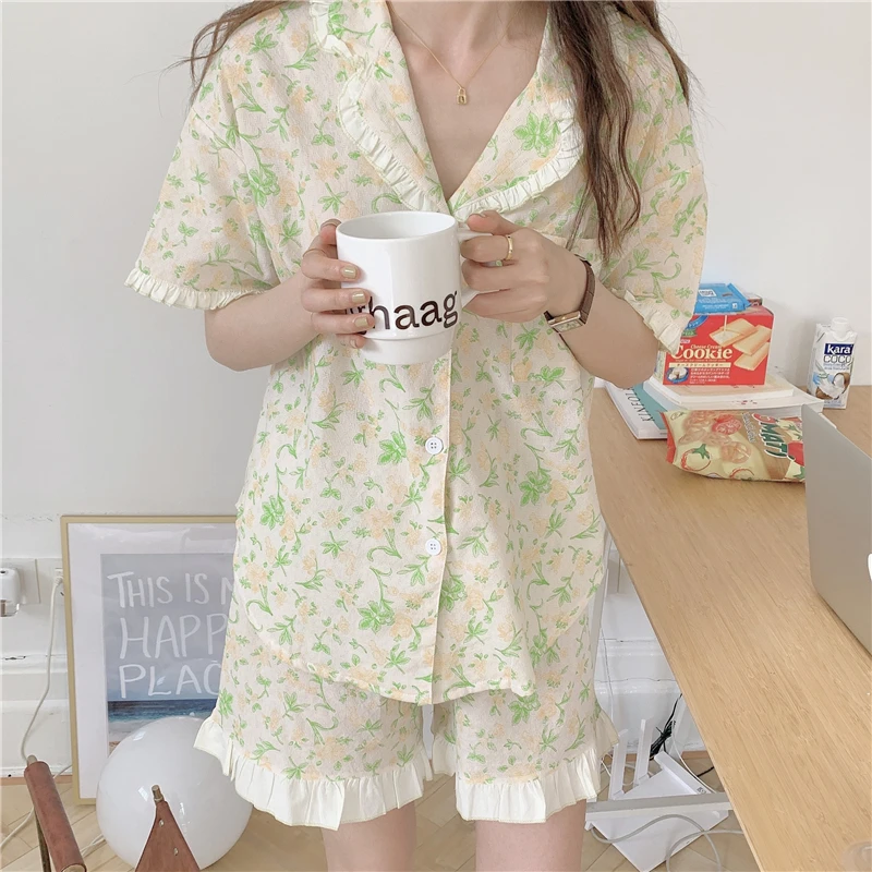 

Ruffles Floral Print Summer Pajamas Set Women Kawaii Sweet Single Breasted Blouse + Shorts Suit Sleepwear Cotton Home Suit