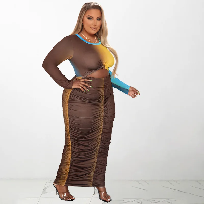 Plus Size Sets Short Top Gradual O-NECK Ruffle Fashion Tight Ankle Length Dress Two Piece Sets Womens Outifits Long sleeve Y2K