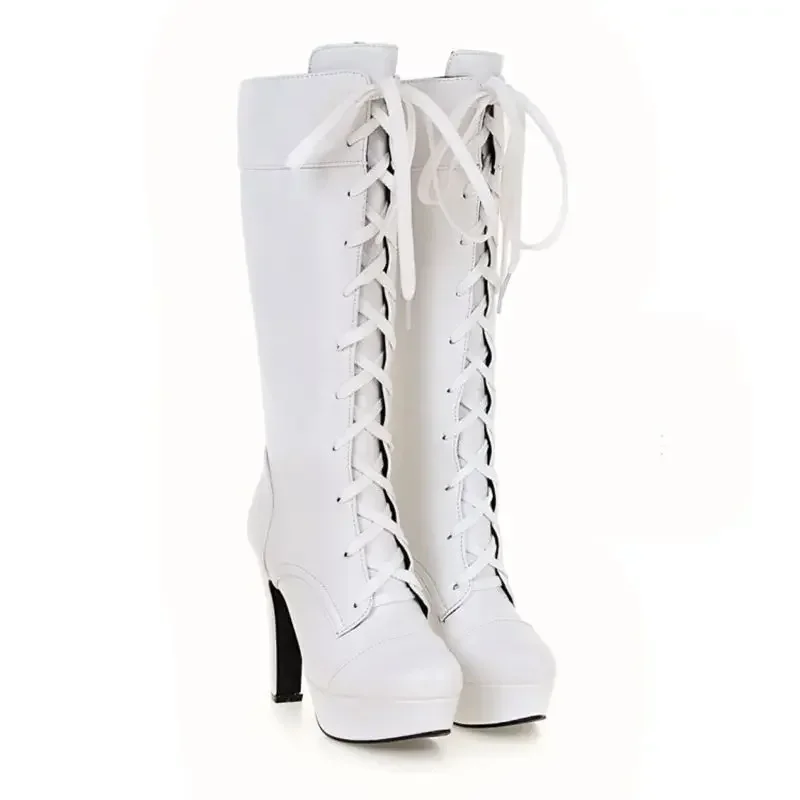 New Fashion Small Big Size 31-45 Woman Boots Autumn Winter Warm Lace Up High Heels Long Women Shoes