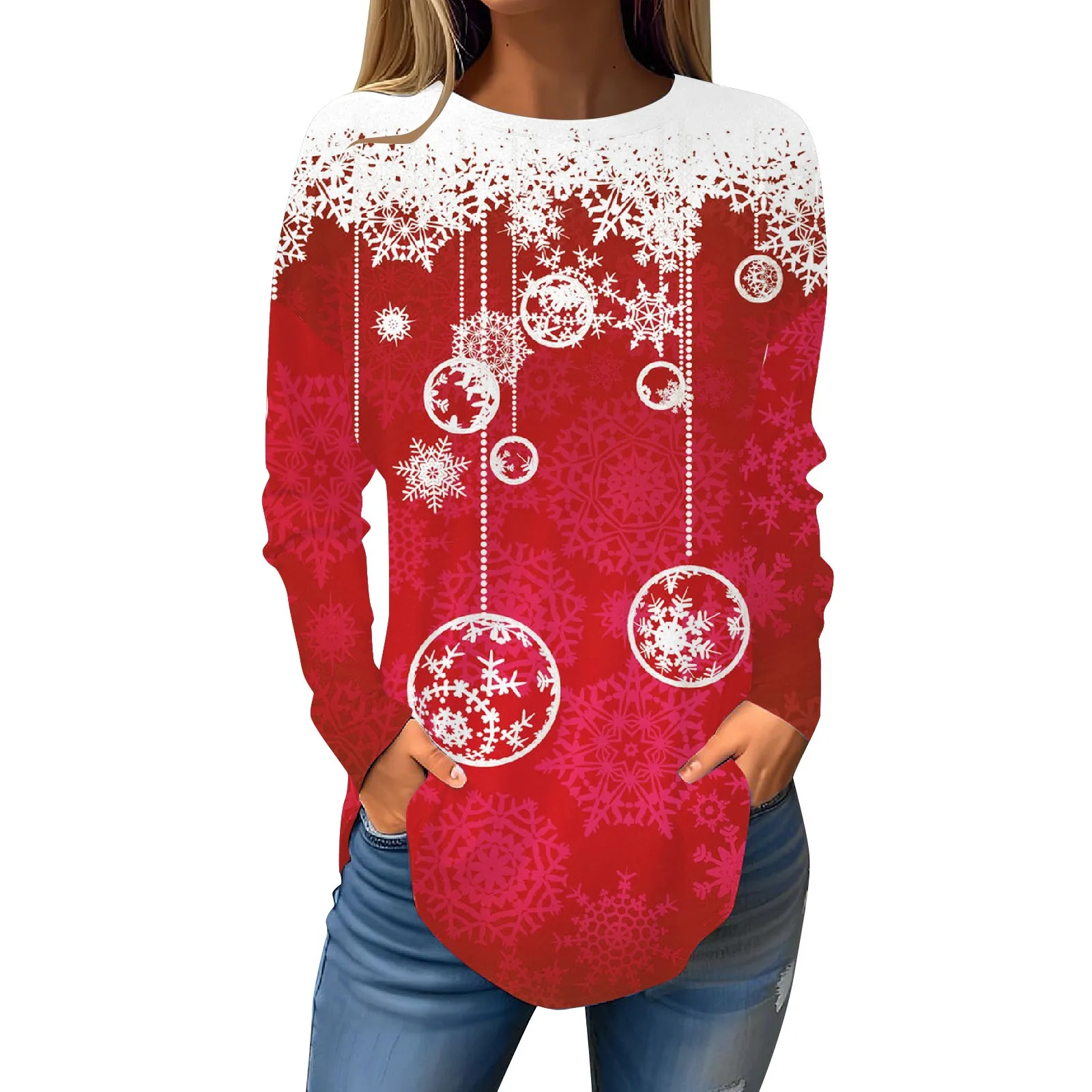 

Christmas Long Sleeve T Shirt For Women Autumn Vintage Elegant Ladies Round Neck Snowflake Print Tees Fashion Casual Pullover