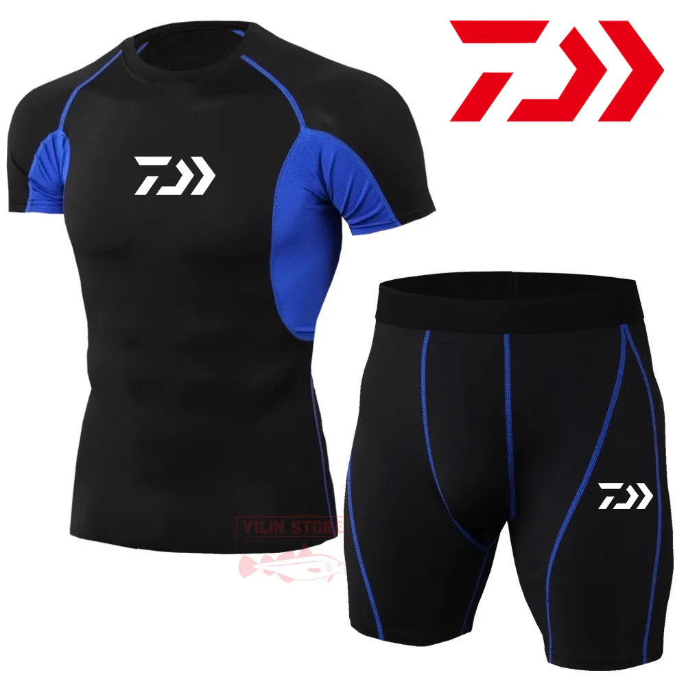 

Daiwa Men Fishing Suit Short-sleeved T-shirt + Shorts Sports Tights Workout Clothes Wicking Perspiration Quick Drying Set Clothe
