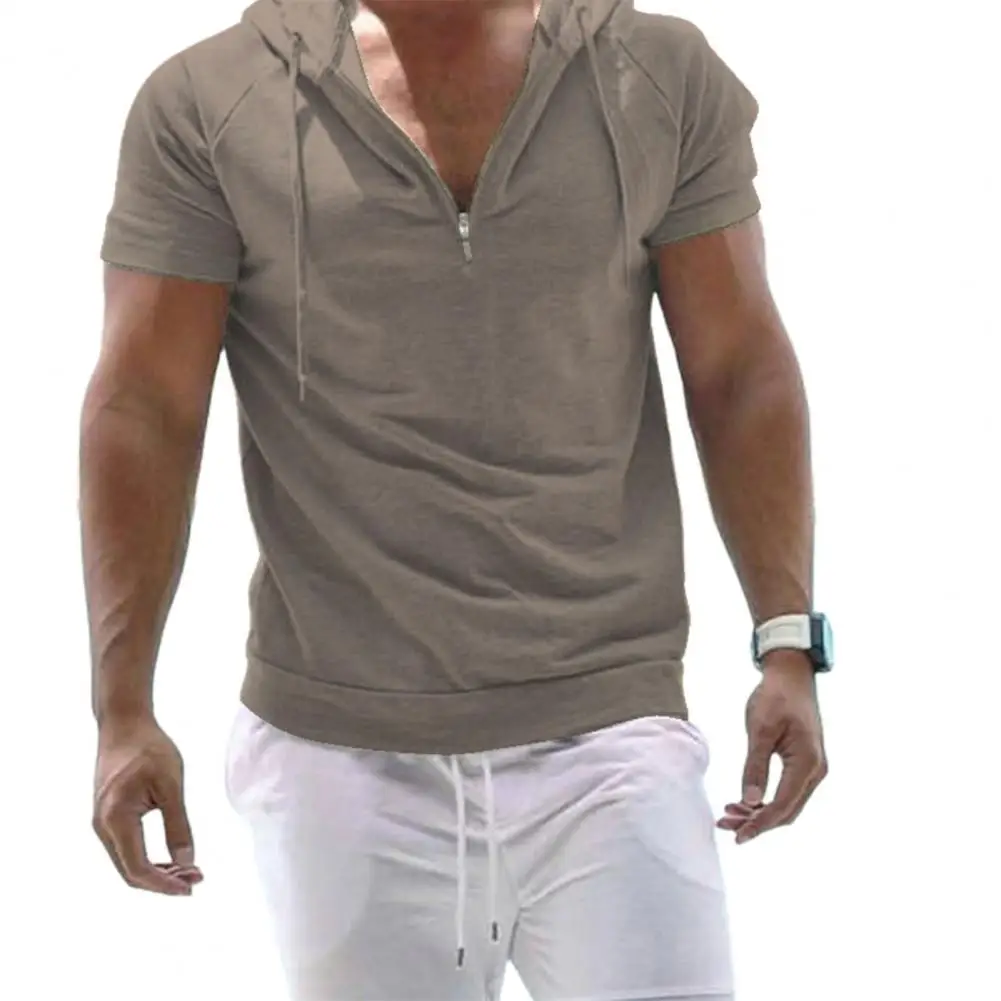 

Cool Summer Men Top Drawstring Summer T-shirt Short Sleeve Slim Fit Solid Color Summer Hoodie Leisure