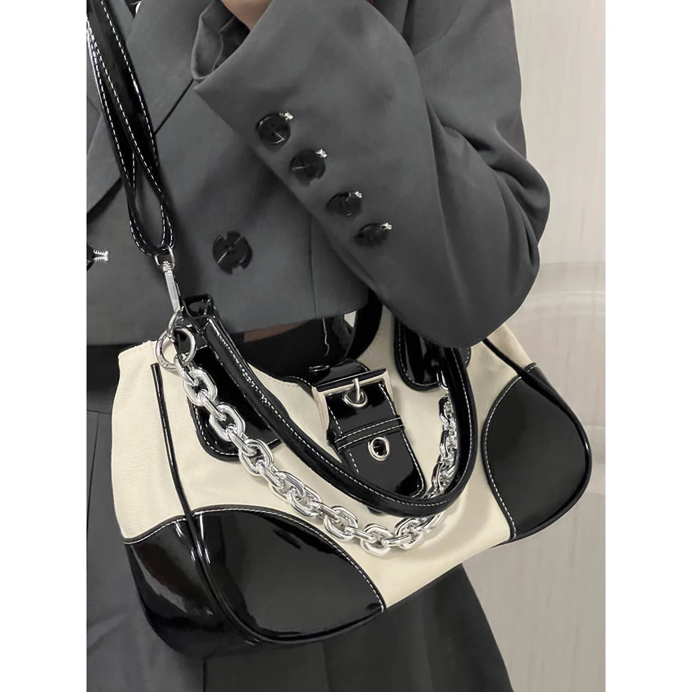 

Cool Girl Metal Chain Punk Motobike Crossbody Bag Shoulder Messenger Bag Splicing Cloth Canvas PU Black White Y2K Vintage