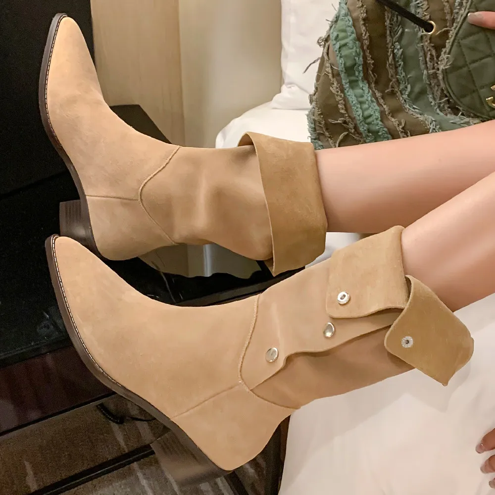 

Женские сапоги из натуральной замши, на толстом среднем каблуке 4,5 см