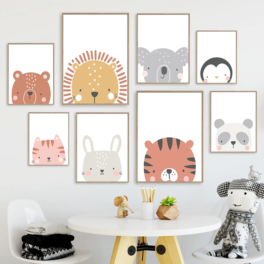 

Cute Lion Rabbit Bear Koala Penguin Cat Wall Art Canvas Painting Nordic Posters And Prints Animals Wall Pictures Kids Room Decor