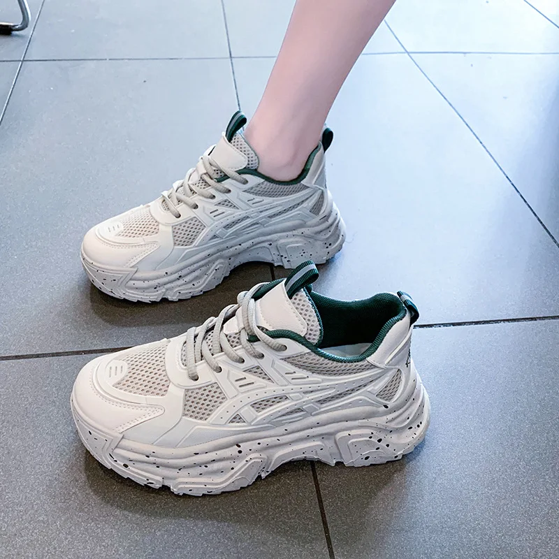 

2023 Women Clunky Sneaker Genuine Cow Leather Cross-Tied 5CM High Heels Thick Sole Flat Dad Shoes For Women Ladies Casual Shoes