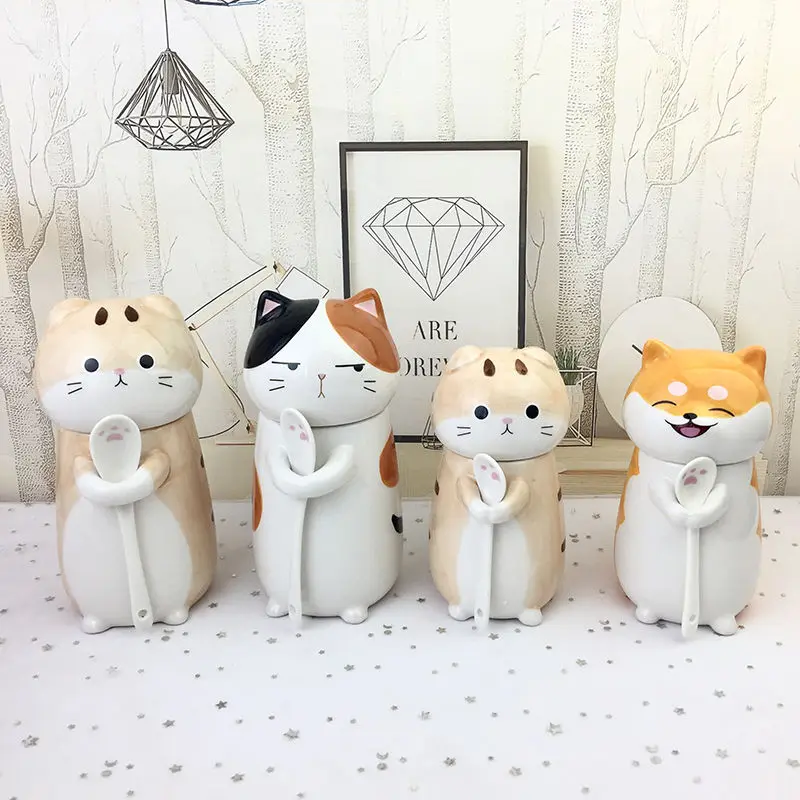

Creative Ceramic Mug Couple Animal Cat Mug Birthday Gift with Cup Lid Spoon Household Supplies