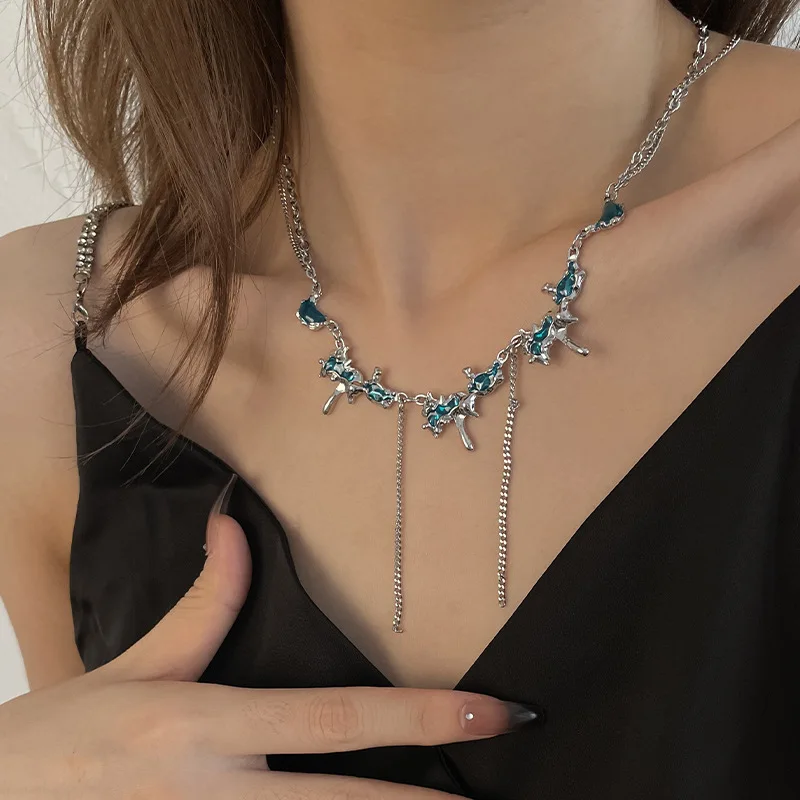 

Blue Sea Glacier Long Layered Necklace Female Niche Sweet Cool Hottie Accessories Hip Hop Clavicle Tassels Choker Free Shipping